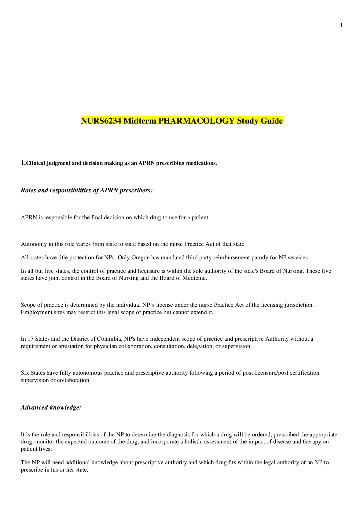 Preview of NURS6234 Midterm PHARMACOLOGY Study Guide